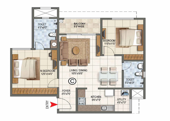 Brigade Granada 2 BHK Floor Plan